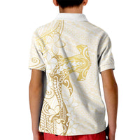 Gold and White Hawaii Kid Polo Shirt Hammerhead Shark Tattoo Curve Polynesian - Polynesian Pride