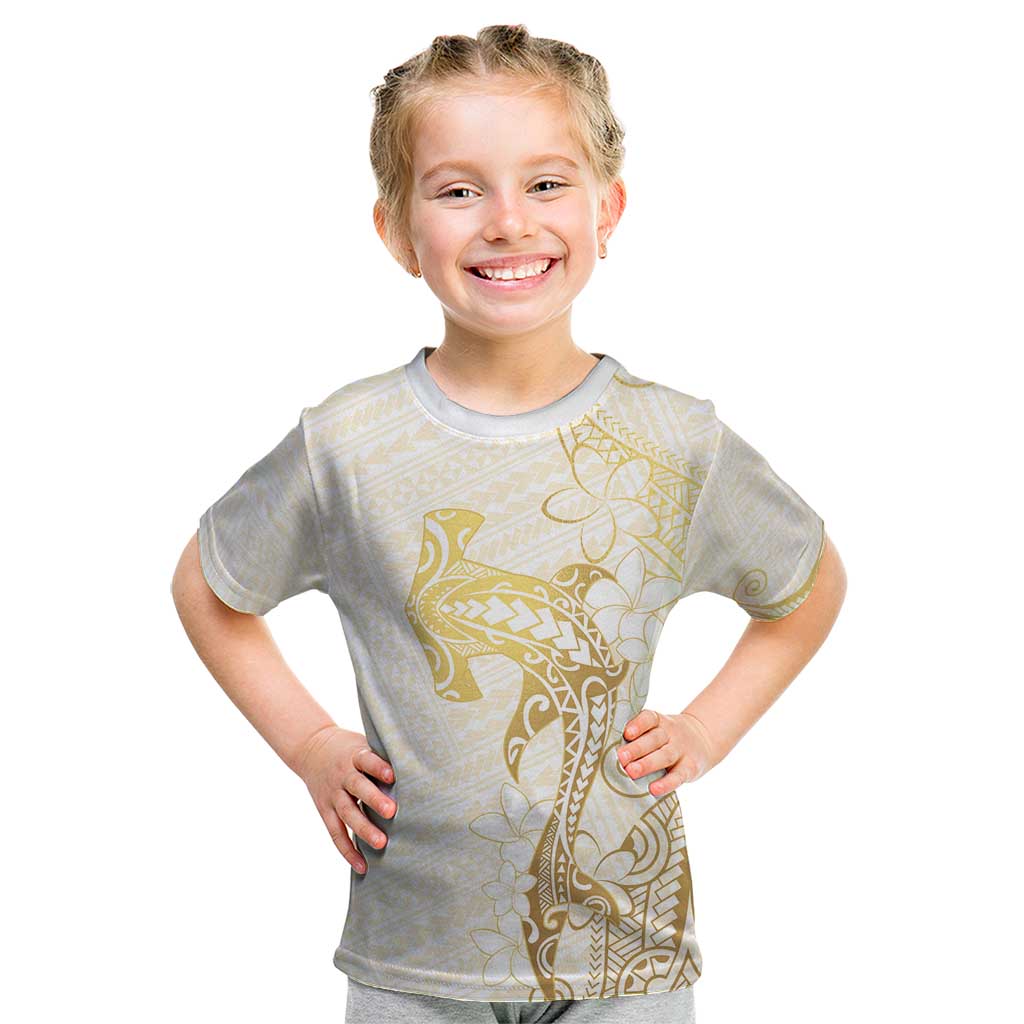 Gold and White Hawaii Kid T Shirt Hammerhead Shark Tattoo Curve Polynesian - Polynesian Pride