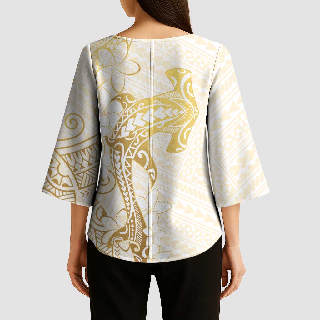 Gold and White Hawaii Kimono Sleeve Blouse Hammerhead Shark Tattoo Curve Polynesian - Polynesian Pride