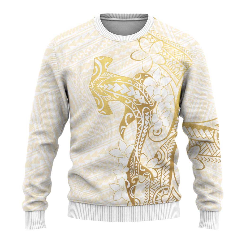Gold and White Hawaii Ugly Christmas Sweater Hammerhead Shark Tattoo Curve Polynesian - Polynesian Pride