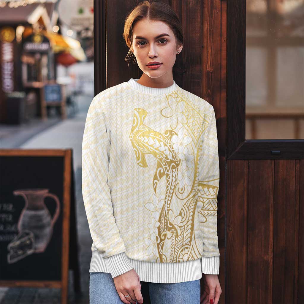 Gold and White Hawaii Ugly Christmas Sweater Hammerhead Shark Tattoo Curve Polynesian - Polynesian Pride