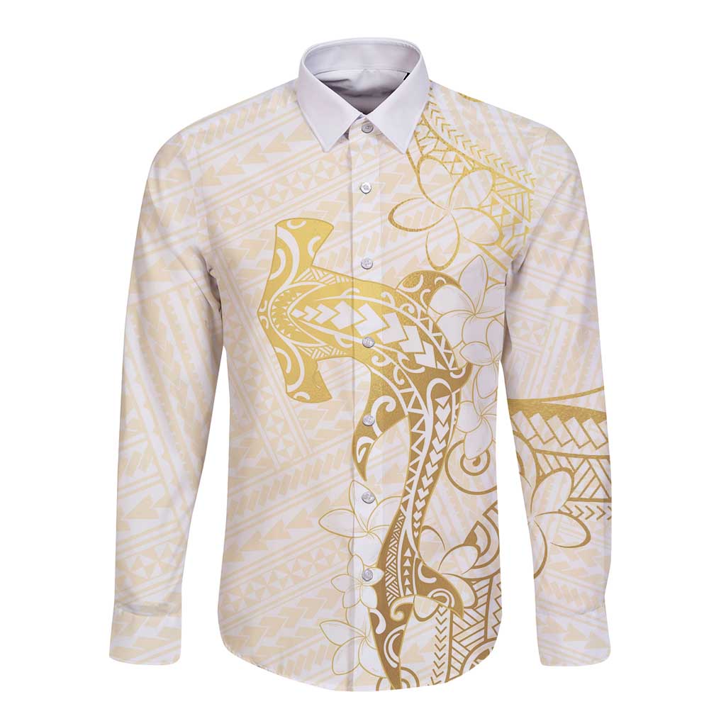 Gold and White Hawaii Long Sleeve Button Shirt Hammerhead Shark Tattoo Curve Polynesian - Polynesian Pride
