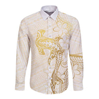 Gold and White Hawaii Long Sleeve Button Shirt Hammerhead Shark Tattoo Curve Polynesian - Polynesian Pride