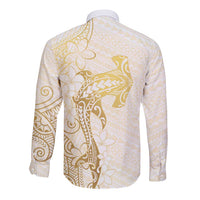 Gold and White Hawaii Long Sleeve Button Shirt Hammerhead Shark Tattoo Curve Polynesian - Polynesian Pride