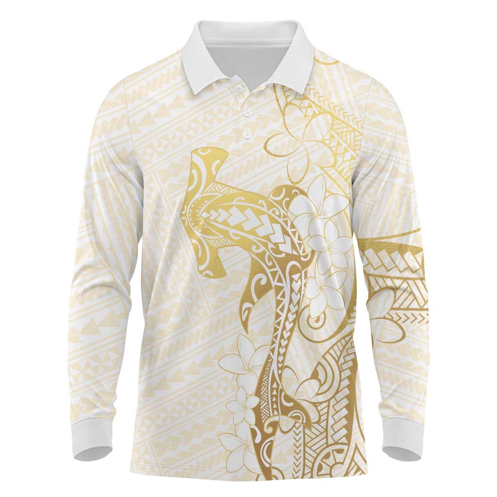 Gold and White Hawaii Long Sleeve Polo Shirt Hammerhead Shark Tattoo Curve Polynesian - Polynesian Pride
