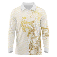 Gold and White Hawaii Long Sleeve Polo Shirt Hammerhead Shark Tattoo Curve Polynesian - Polynesian Pride