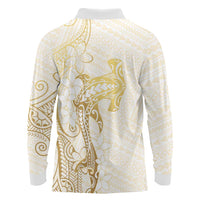 Gold and White Hawaii Long Sleeve Polo Shirt Hammerhead Shark Tattoo Curve Polynesian - Polynesian Pride