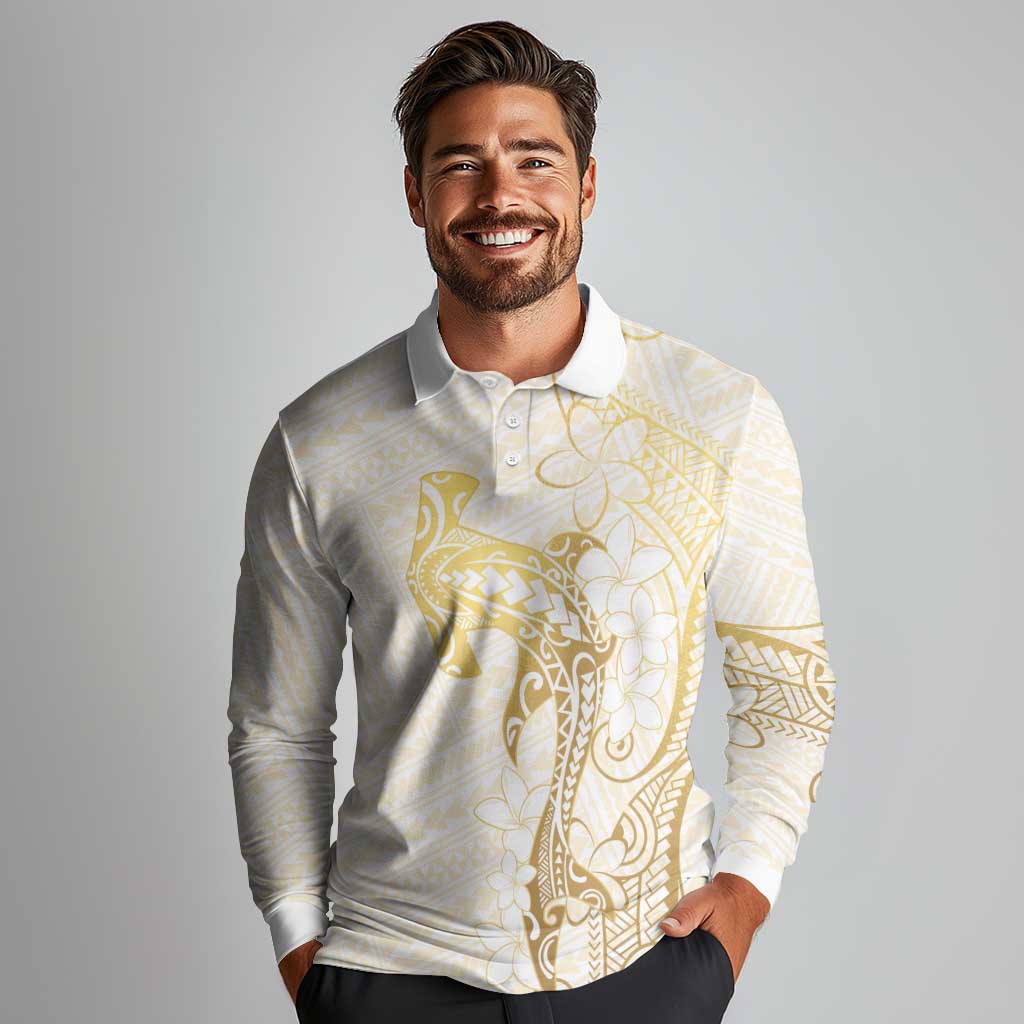 Gold and White Hawaii Long Sleeve Polo Shirt Hammerhead Shark Tattoo Curve Polynesian - Polynesian Pride