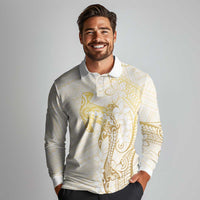 Gold and White Hawaii Long Sleeve Polo Shirt Hammerhead Shark Tattoo Curve Polynesian - Polynesian Pride