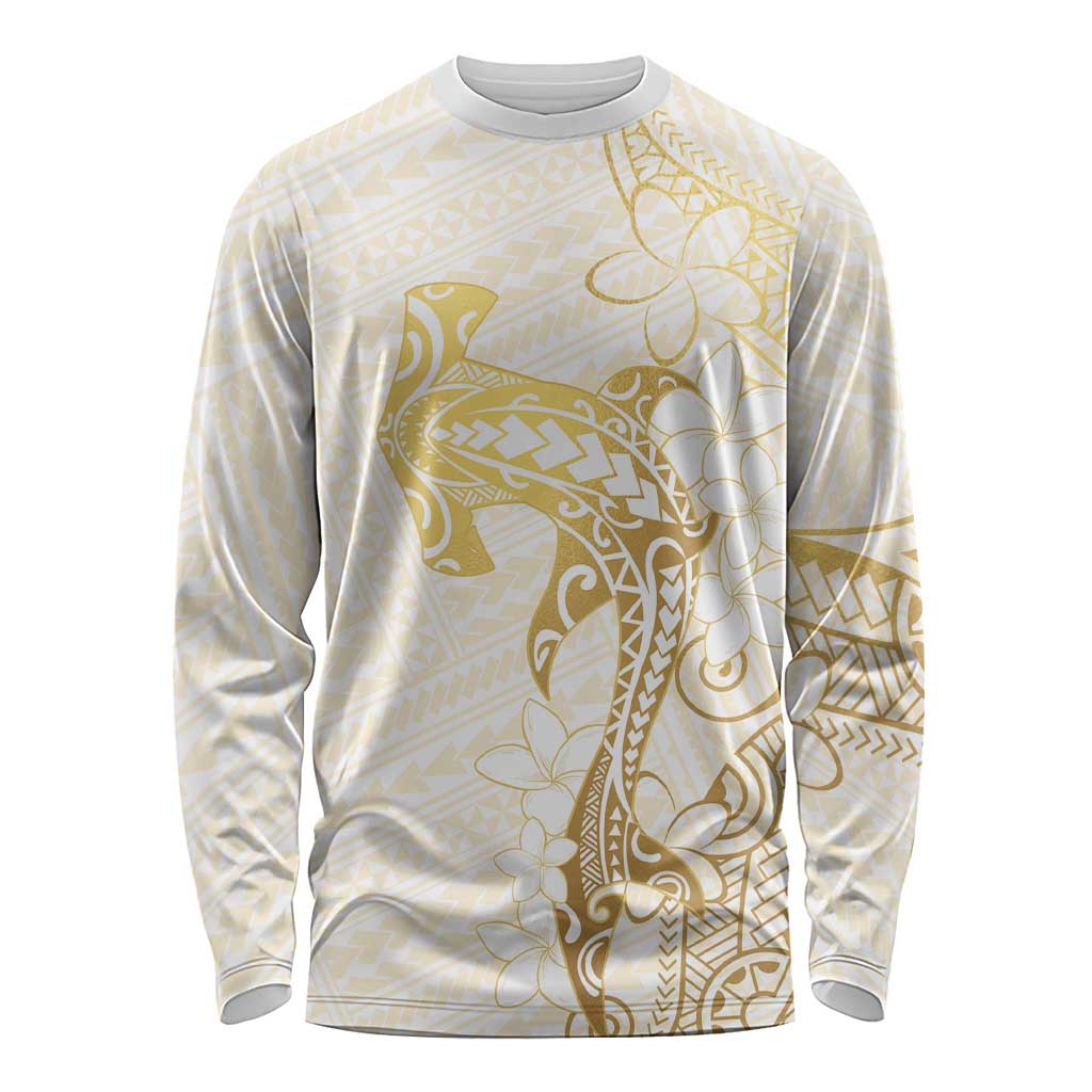 Gold and White Hawaii Long Sleeve Shirt Hammerhead Shark Tattoo Curve Polynesian - Polynesian Pride
