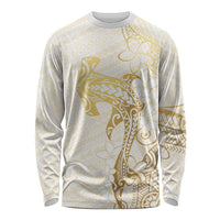 Gold and White Hawaii Long Sleeve Shirt Hammerhead Shark Tattoo Curve Polynesian - Polynesian Pride