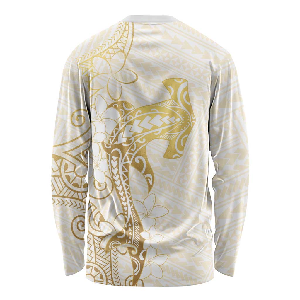 Gold and White Hawaii Long Sleeve Shirt Hammerhead Shark Tattoo Curve Polynesian - Polynesian Pride