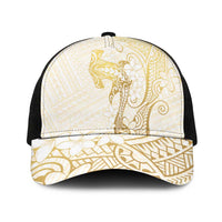 Gold and White Hawaii Mesh Trucker Cap Hammerhead Shark Tattoo Curve Polynesian - Polynesian Pride