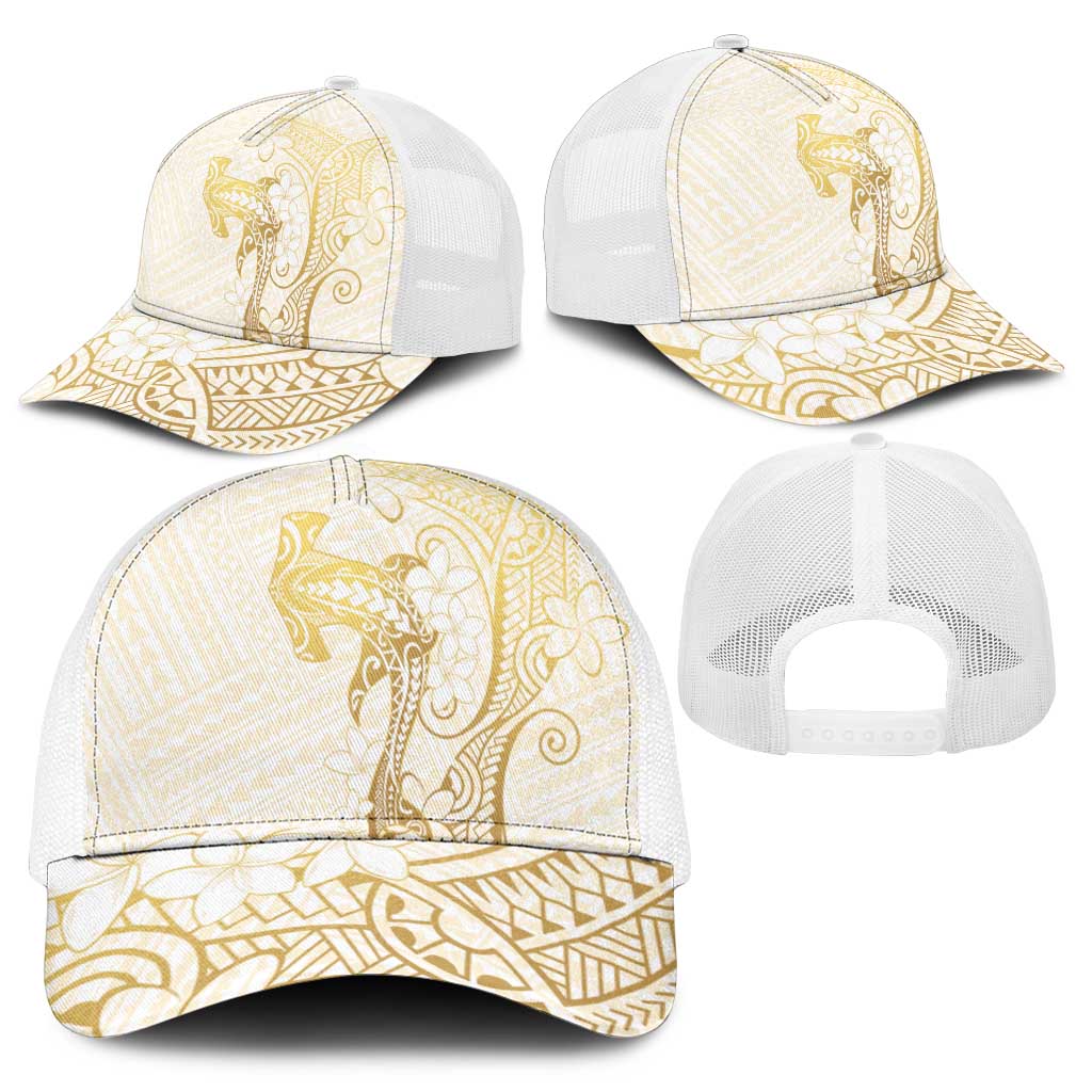 Gold and White Hawaii Mesh Trucker Cap Hammerhead Shark Tattoo Curve Polynesian - Polynesian Pride