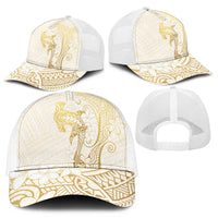 Gold and White Hawaii Mesh Trucker Cap Hammerhead Shark Tattoo Curve Polynesian - Polynesian Pride