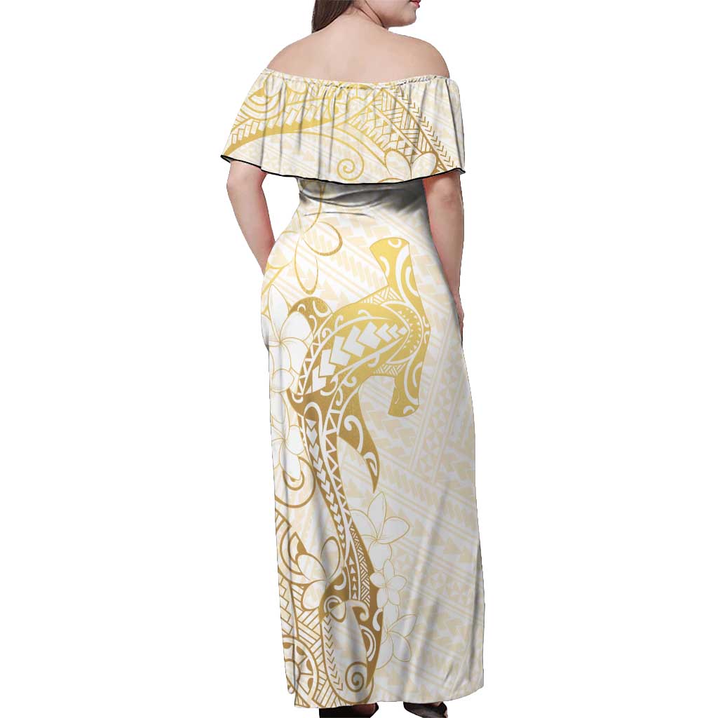 Gold and White Hawaii Off Shoulder Maxi Dress Hammerhead Shark Tattoo Curve Polynesian - Polynesian Pride