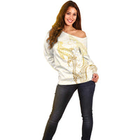 Gold and White Hawaii Off Shoulder Sweater Hammerhead Shark Tattoo Curve Polynesian - Polynesian Pride