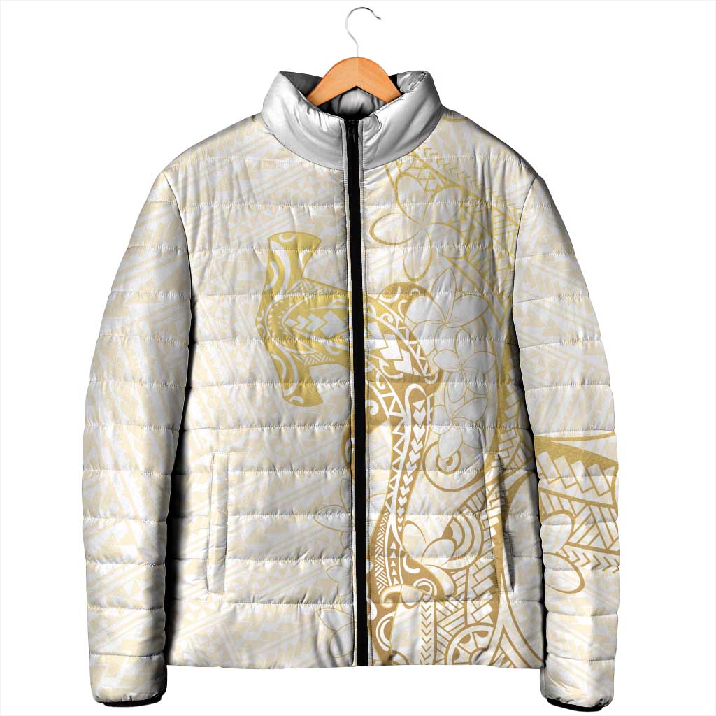 Gold and White Hawaii Padded Jacket Hammerhead Shark Tattoo Curve Polynesian - Polynesian Pride