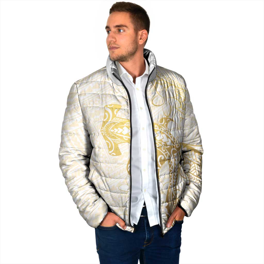 Gold and White Hawaii Padded Jacket Hammerhead Shark Tattoo Curve Polynesian - Polynesian Pride