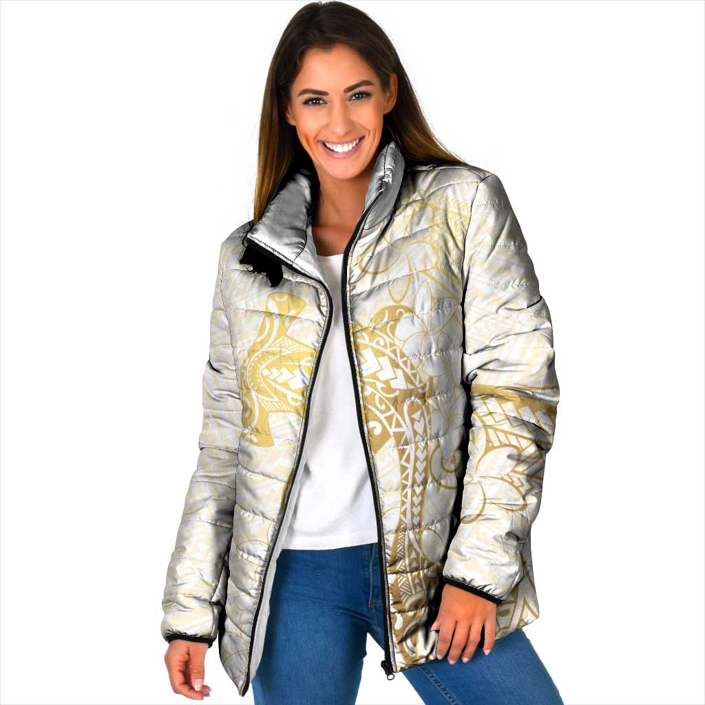 Gold and White Hawaii Padded Jacket Hammerhead Shark Tattoo Curve Polynesian - Polynesian Pride