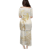 Gold and White Hawaii Puletasi Hammerhead Shark Tattoo Curve Polynesian - Polynesian Pride