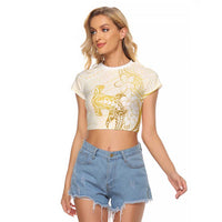 Gold and White Hawaii Raglan Cropped T Shirt Hammerhead Shark Tattoo Curve Polynesian - Polynesian Pride