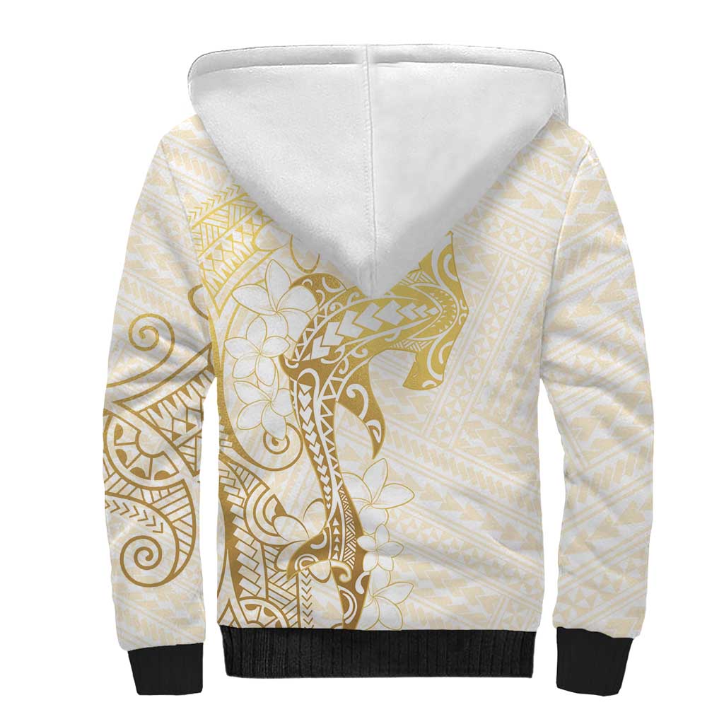 Gold and White Hawaii Sherpa Hoodie Hammerhead Shark Tattoo Curve Polynesian - Polynesian Pride
