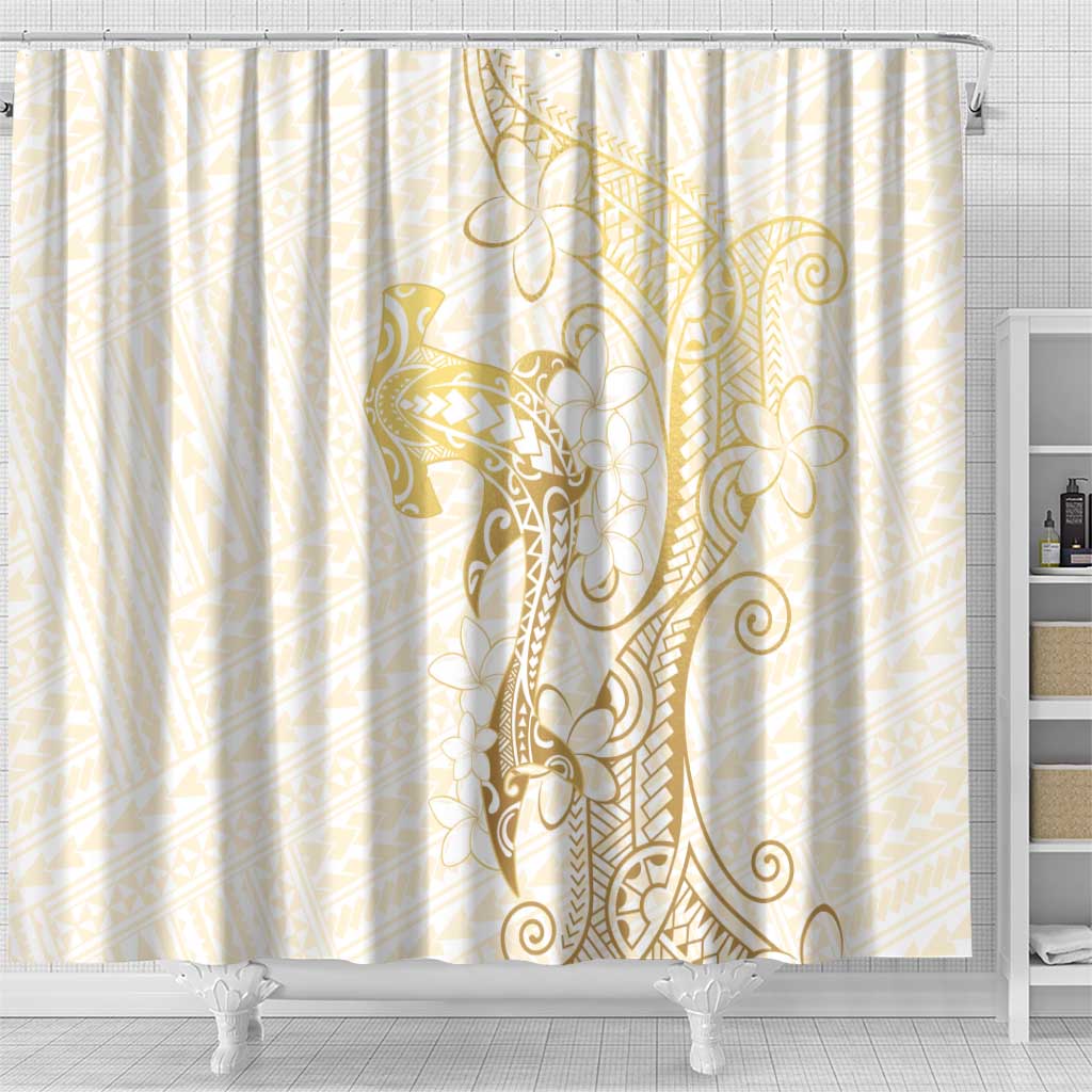 Gold and White Hawaii Shower Curtain Hammerhead Shark Tattoo Curve Polynesian - Polynesian Pride
