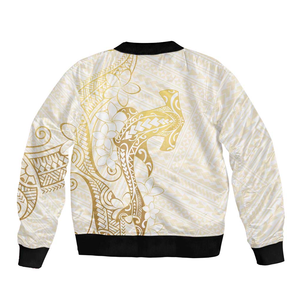 Gold and White Hawaii Sleeve Zip Bomber Jacket Hammerhead Shark Tattoo Curve Polynesian - Polynesian Pride