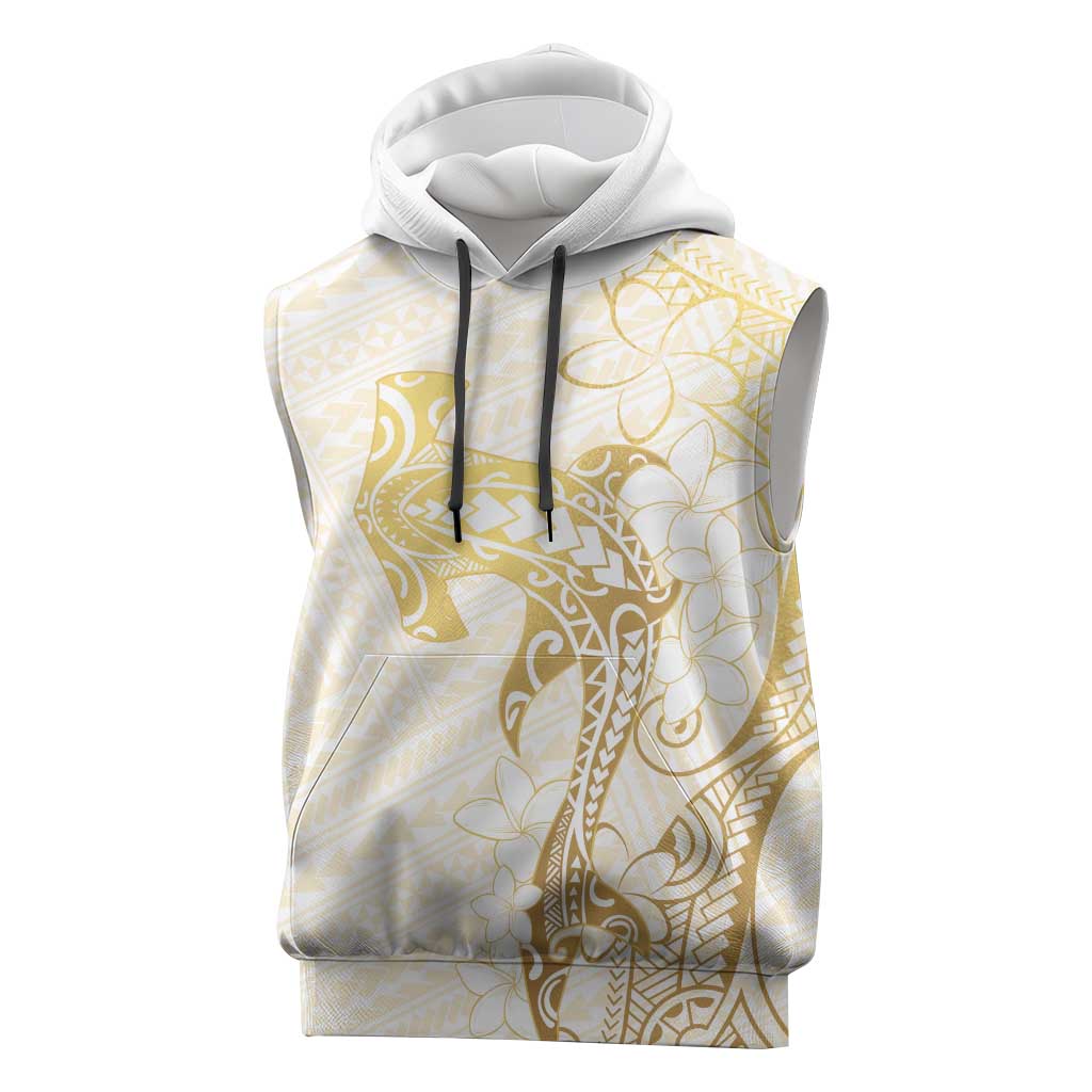 Gold and White Hawaii Sleeveless Hoodie Hammerhead Shark Tattoo Curve Polynesian - Polynesian Pride
