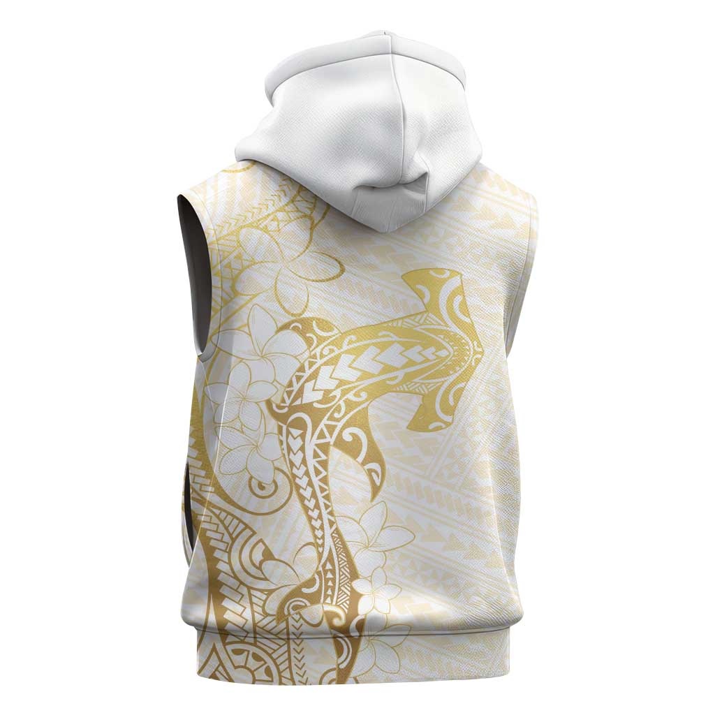 Gold and White Hawaii Sleeveless Hoodie Hammerhead Shark Tattoo Curve Polynesian - Polynesian Pride