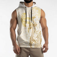 Gold and White Hawaii Sleeveless Hoodie Hammerhead Shark Tattoo Curve Polynesian - Polynesian Pride
