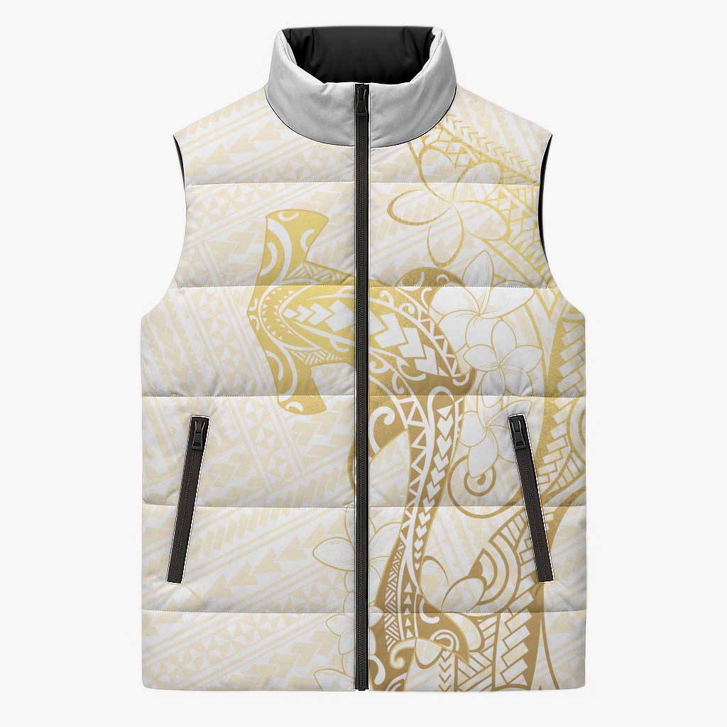 Gold and White Hawaii Sleeveless Puffer Jacket Hammerhead Shark Tattoo Curve Polynesian - Polynesian Pride
