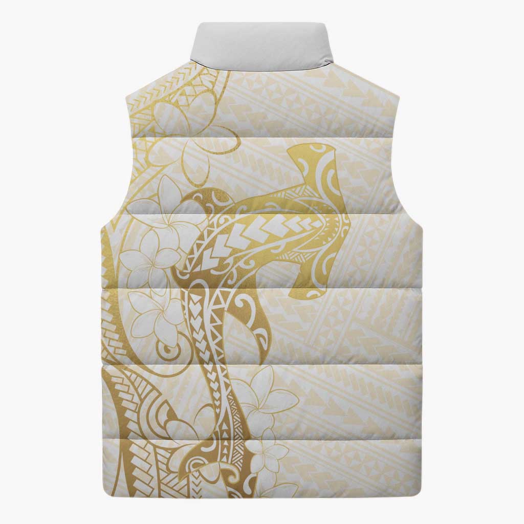 Gold and White Hawaii Sleeveless Puffer Jacket Hammerhead Shark Tattoo Curve Polynesian - Polynesian Pride