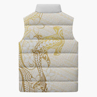 Gold and White Hawaii Sleeveless Puffer Jacket Hammerhead Shark Tattoo Curve Polynesian - Polynesian Pride