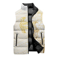 Gold and White Hawaii Sleeveless Puffer Jacket Hammerhead Shark Tattoo Curve Polynesian - Polynesian Pride