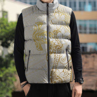 Gold and White Hawaii Sleeveless Puffer Jacket Hammerhead Shark Tattoo Curve Polynesian - Polynesian Pride