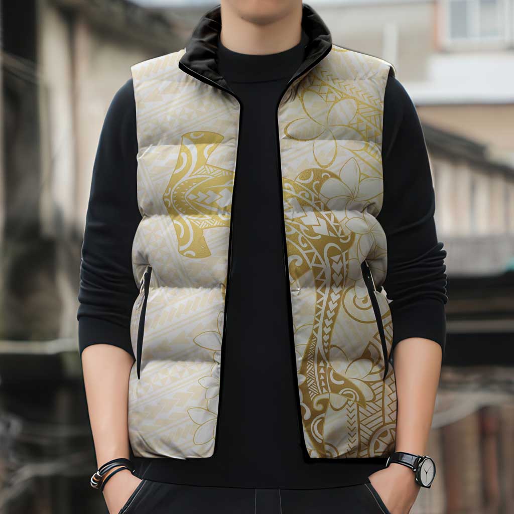 Gold and White Hawaii Sleeveless Puffer Jacket Hammerhead Shark Tattoo Curve Polynesian - Polynesian Pride
