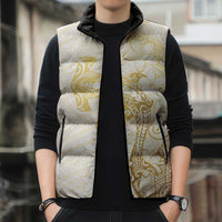 Gold and White Hawaii Sleeveless Puffer Jacket Hammerhead Shark Tattoo Curve Polynesian - Polynesian Pride