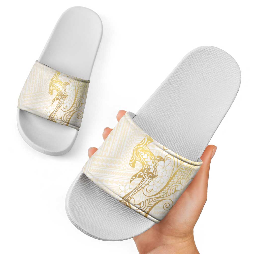 Gold and White Hawaii Slide Sandals Hammerhead Shark Tattoo Curve Polynesian - Polynesian Pride