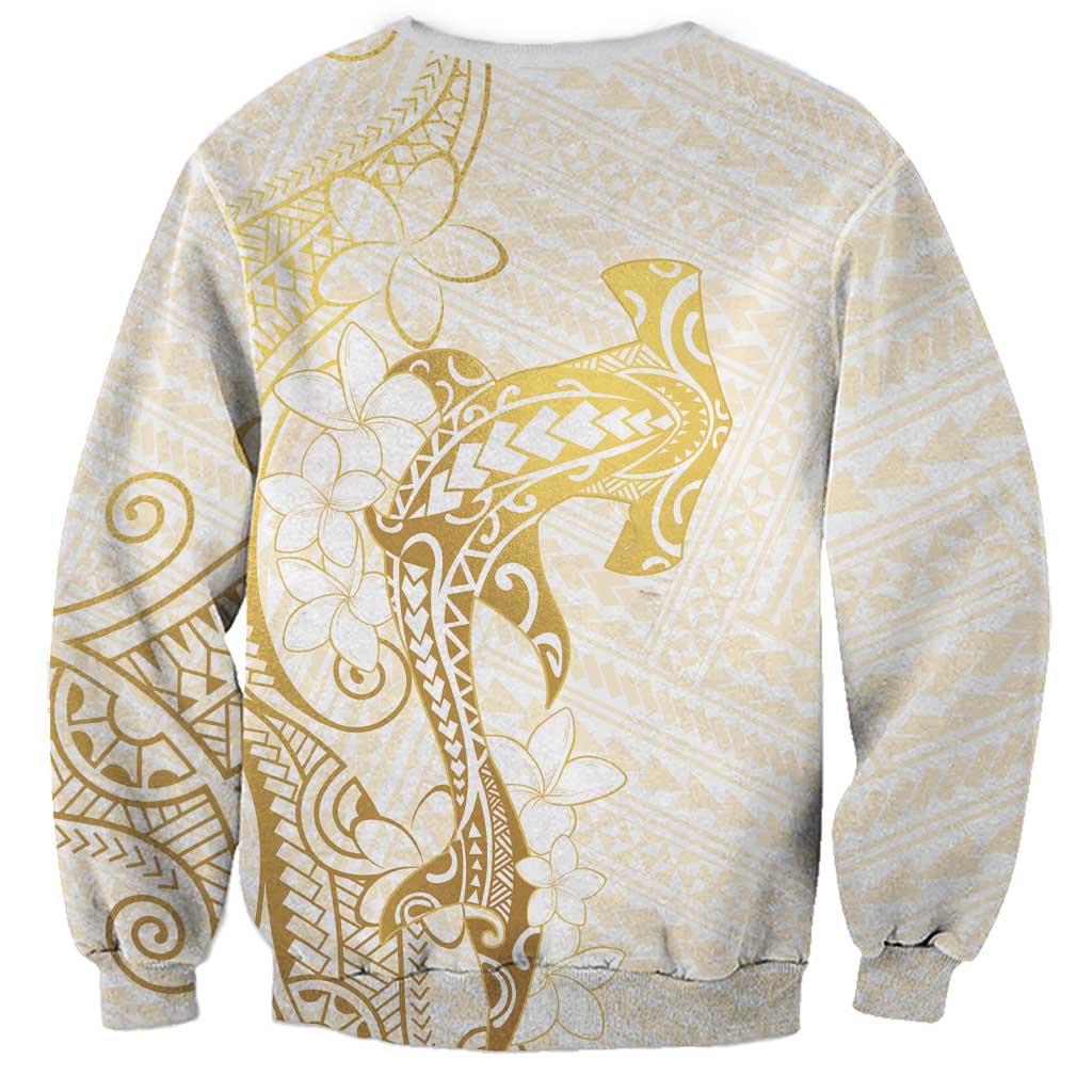 Gold and White Hawaii Sweatshirt Hammerhead Shark Tattoo Curve Polynesian - Polynesian Pride