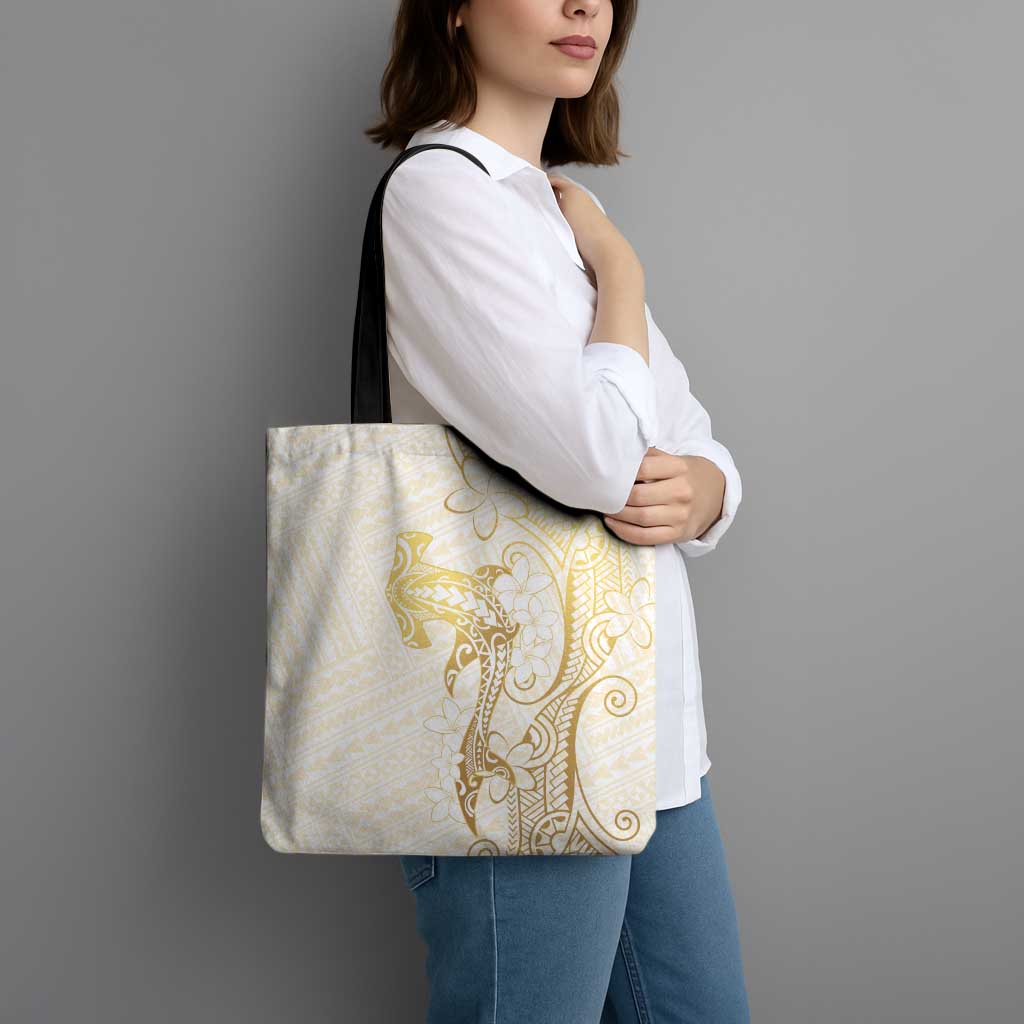 Gold and White Hawaii Tote Bag Hammerhead Shark Tattoo Curve Polynesian - Polynesian Pride