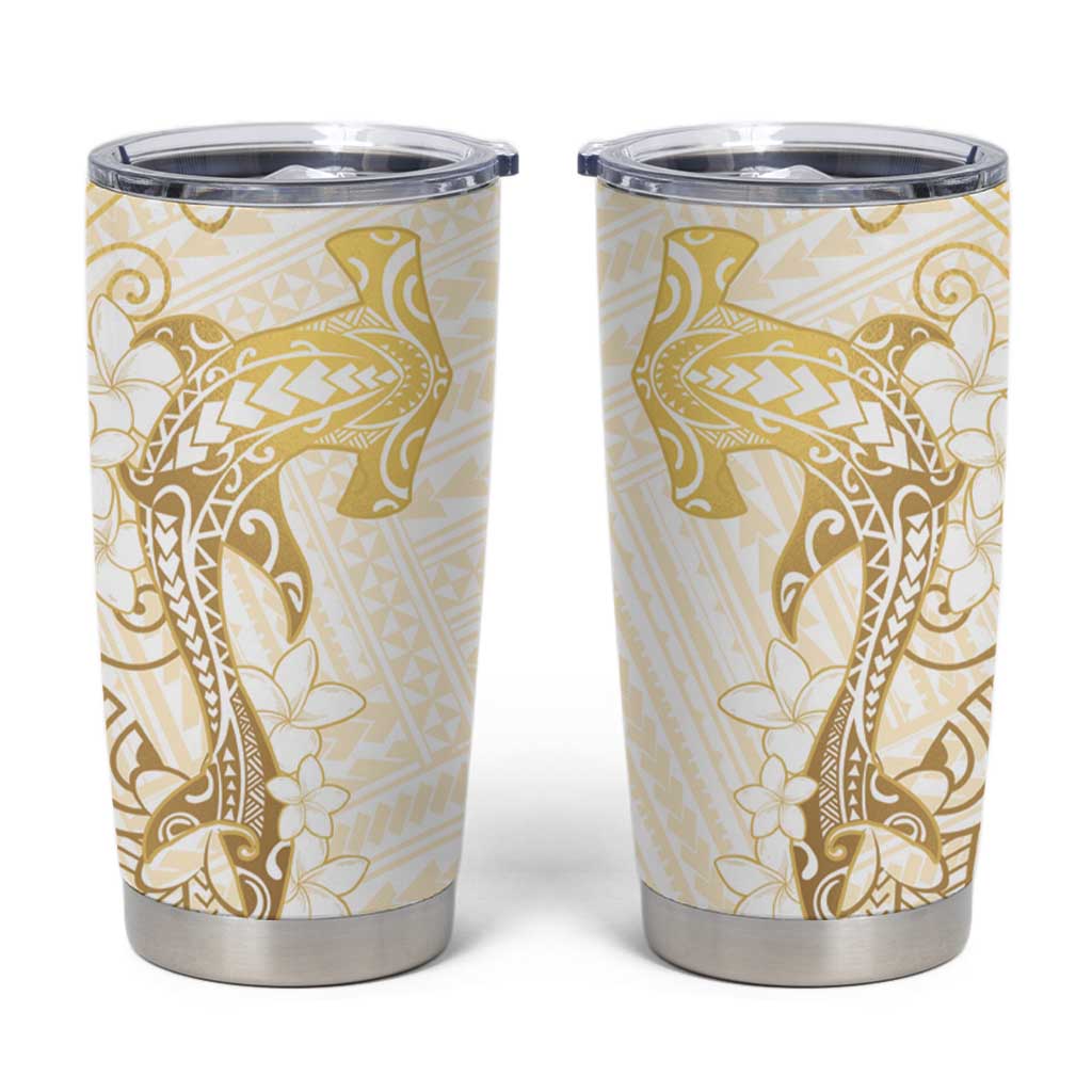 Gold and White Hawaii Tumbler Cup Hammerhead Shark Tattoo Curve Polynesian - Polynesian Pride