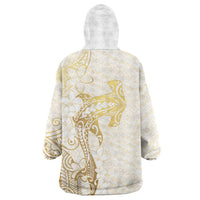 Gold and White Hawaii Wearable Blanket Hoodie Hammerhead Shark Tattoo Curve Polynesian - Polynesian Pride