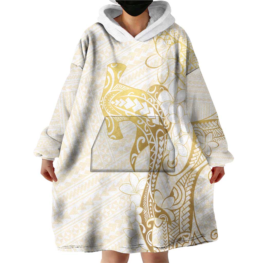 Gold and White Hawaii Wearable Blanket Hoodie Hammerhead Shark Tattoo Curve Polynesian - Polynesian Pride