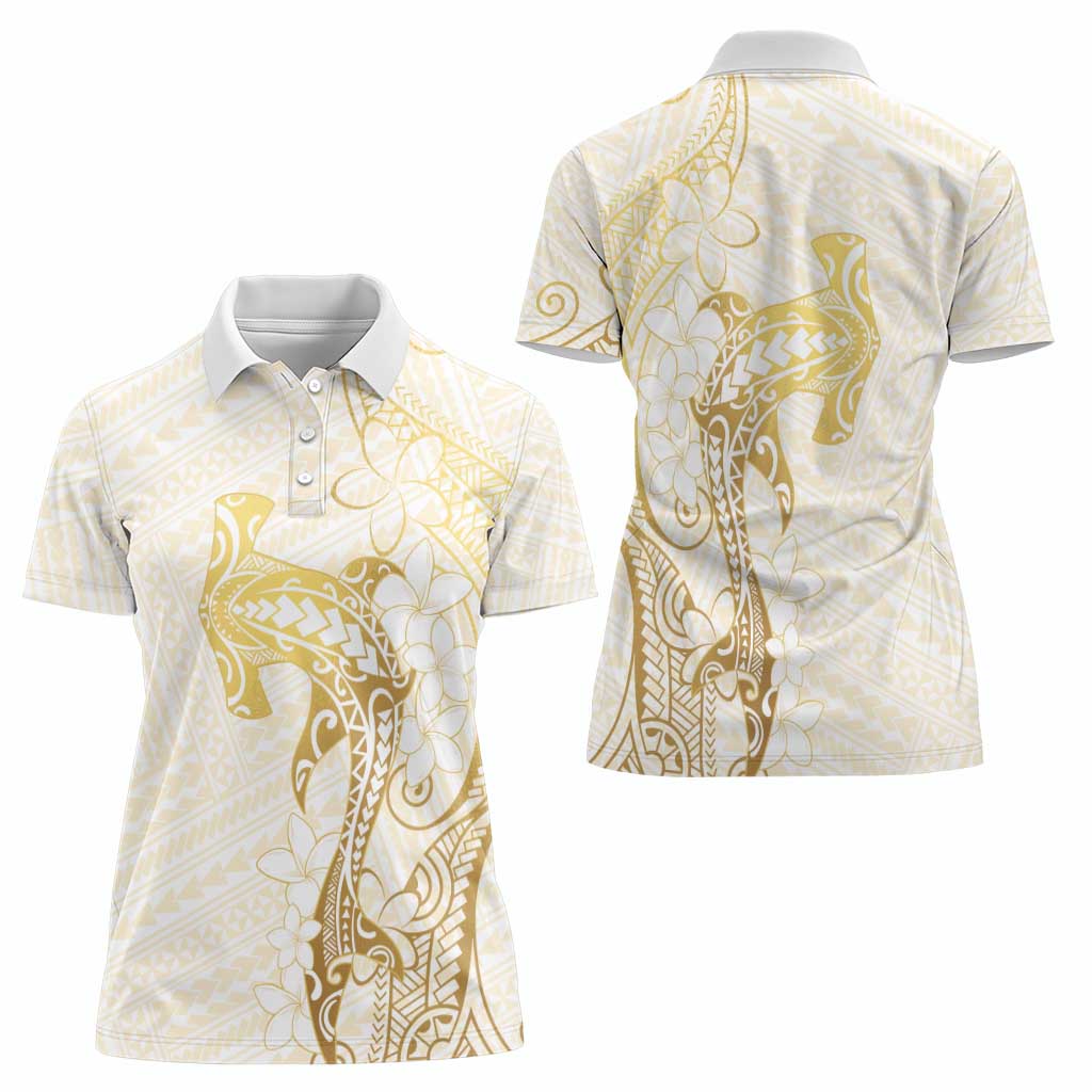 Gold and White Hawaii Women Polo Shirt Hammerhead Shark Tattoo Curve Polynesian - Polynesian Pride