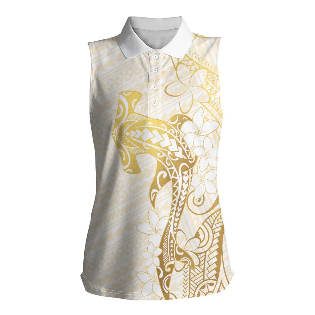 Gold and White Hawaii Women Sleeveless Polo Shirt Hammerhead Shark Tattoo Curve Polynesian - Polynesian Pride