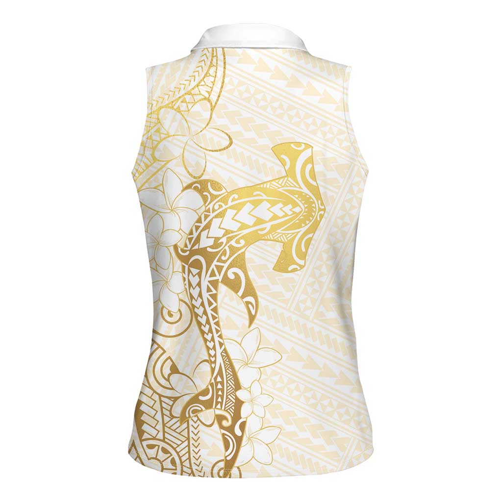 Gold and White Hawaii Women Sleeveless Polo Shirt Hammerhead Shark Tattoo Curve Polynesian - Polynesian Pride
