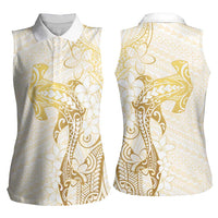 Gold and White Hawaii Women Sleeveless Polo Shirt Hammerhead Shark Tattoo Curve Polynesian - Polynesian Pride