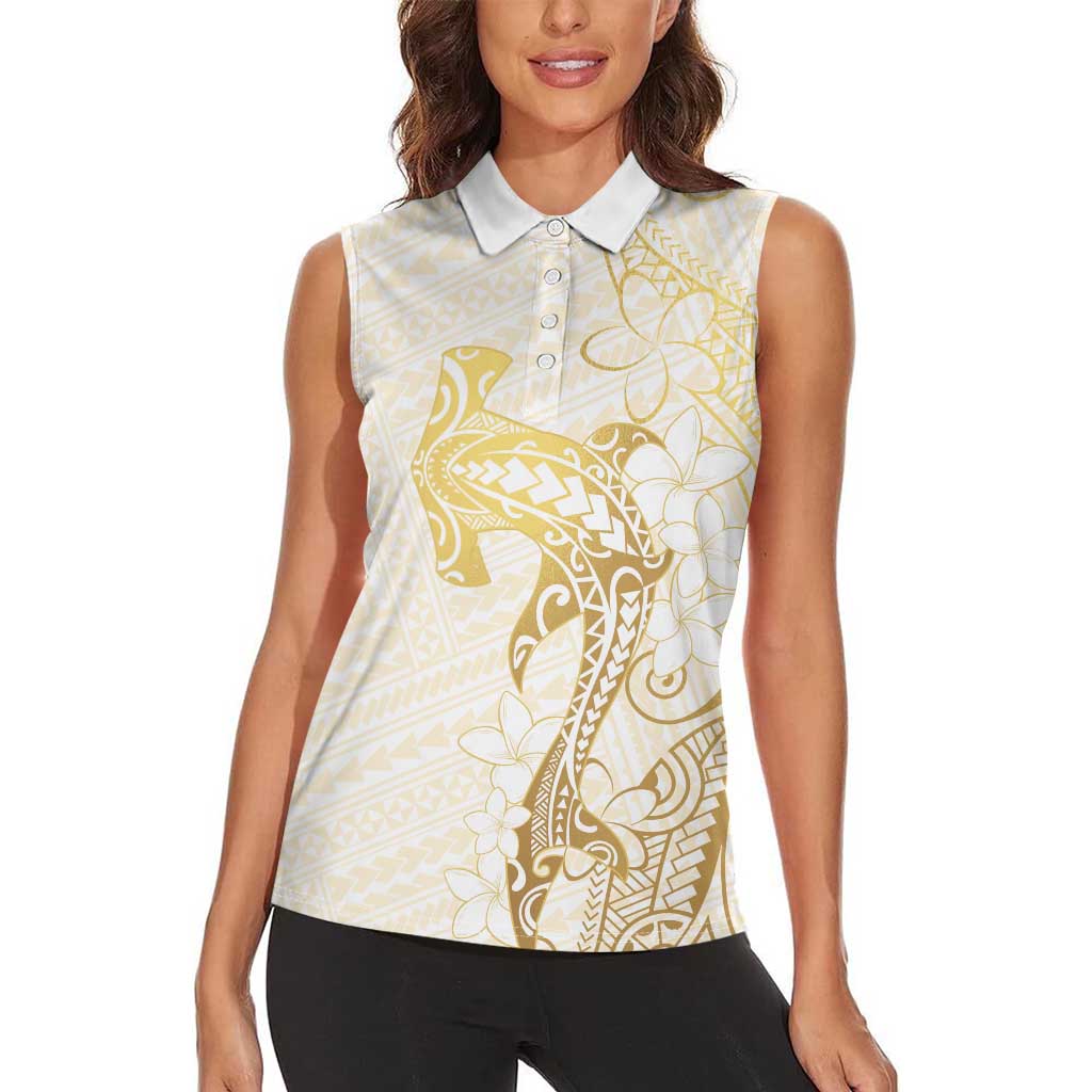 Gold and White Hawaii Women Sleeveless Polo Shirt Hammerhead Shark Tattoo Curve Polynesian - Polynesian Pride